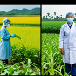 **

A split image. One side shows a lush, green field with diverse crops being tended to by local farmers. The other side depicts a sterile, high-tech lab with genetically modified crops in test tubes, scientists in lab coats. Overlaying the lab side is a question mark, representing the uncertainty and potential risks of GMOs, particularly regarding food safety and biodiversity in Vietnam. The overall tone is thoughtful and questioning.

**