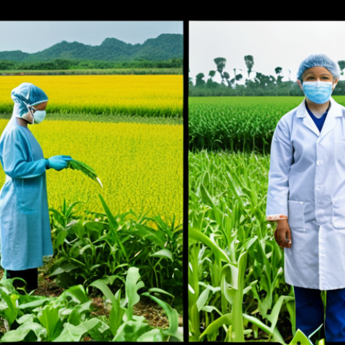 Home 4 **
A split image. One side shows a lush, green field with diverse crops being tended to by local farmers. The other side depicts a sterile, high-tech lab with genetically modified crops in test tubes, scientists in lab coats. Overlaying the lab side is a question mark, representing the uncertainty and potential risks of GMOs, particularly regarding food safety and biodiversity in Vietnam. The overall tone is thoughtful and questioning.
**