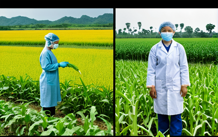 **
A split image. One side shows a lush, green field with diverse crops being tended to by local farmers. The other side depicts a sterile, high-tech lab with genetically modified crops in test tubes, scientists in lab coats. Overlaying the lab side is a question mark, representing the uncertainty and potential risks of GMOs, particularly regarding food safety and biodiversity in Vietnam. The overall tone is thoughtful and questioning.
**