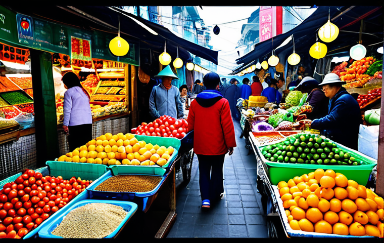 Diverse Food Access**

"A bustling Vietnamese marketplace filled with vendors selling colorful fruits, vegetables, and spices from around the world, fully clothed shoppers browsing the stalls, appropriate attire, safe for work, family-friendly, perfect anatomy, natural proportions, professional food photography, vibrant colors, high resolution, modest."

**