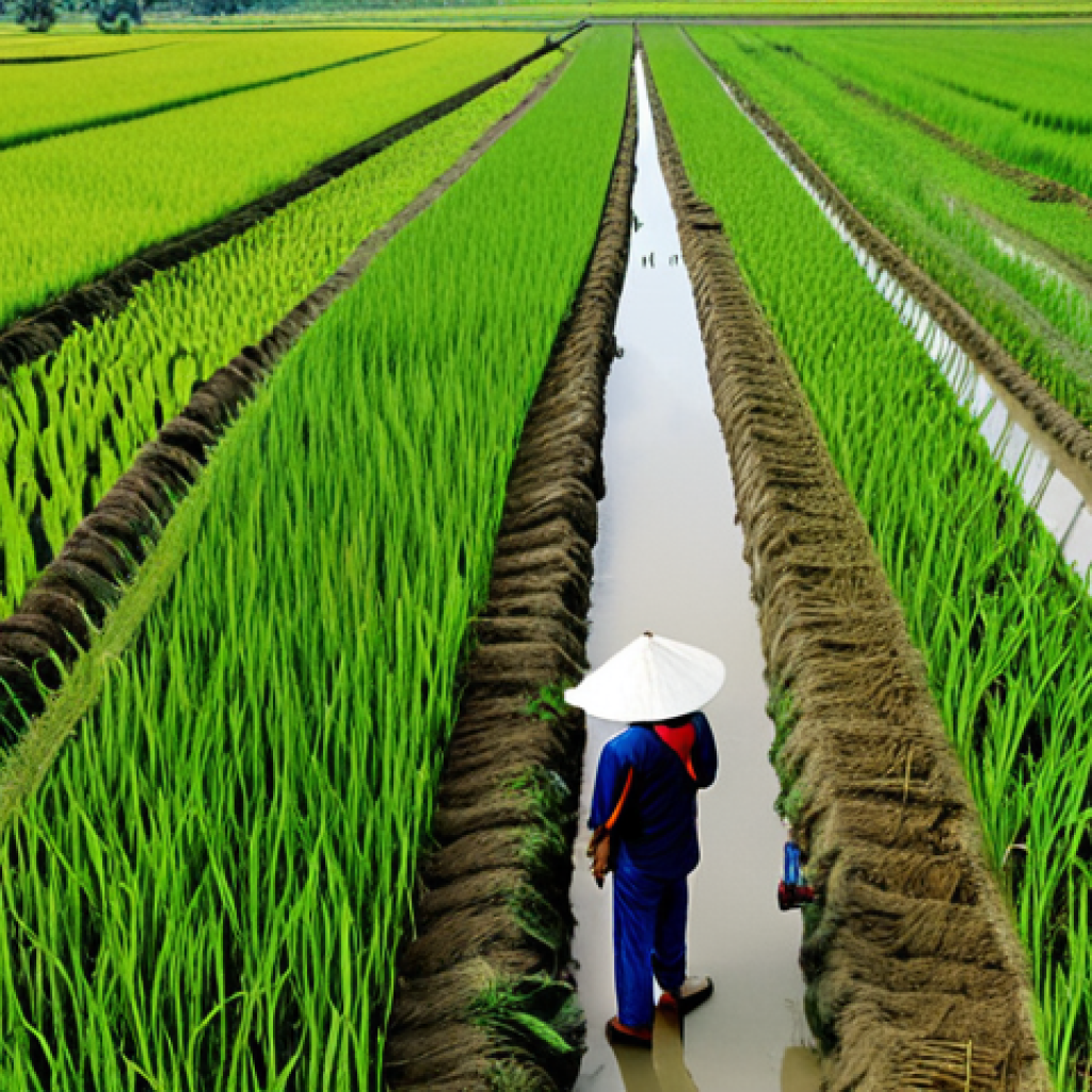 Smart Farming in the Mekong Delta**

"A panoramic view of a modern rice paddy in the Mekong Delta, Vietnam, showcasing drone monitoring over rice fields, sensors collecting data from the soil, and farmers using tablets to analyze crop health, fully clothed farmers, appropriate attire, safe for work, perfect anatomy, natural proportions, professional photography, high quality. Family-friendly scene, showcasing the future of agriculture in Vietnam."

**