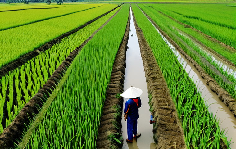 Smart Farming in the Mekong Delta**

"A panoramic view of a modern rice paddy in the Mekong Delta, Vietnam, showcasing drone monitoring over rice fields, sensors collecting data from the soil, and farmers using tablets to analyze crop health, fully clothed farmers, appropriate attire, safe for work, perfect anatomy, natural proportions, professional photography, high quality. Family-friendly scene, showcasing the future of agriculture in Vietnam."

**