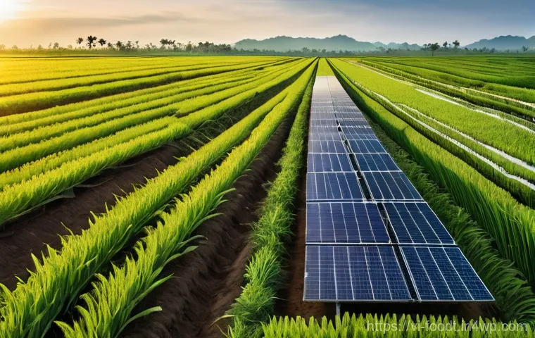 푸드테크의 글로벌 협업 사례 - **Prompt 1: "Sustainable Smart Farming in Vietnam"**
    A wide-angle, vibrant aerial shot of a spra...