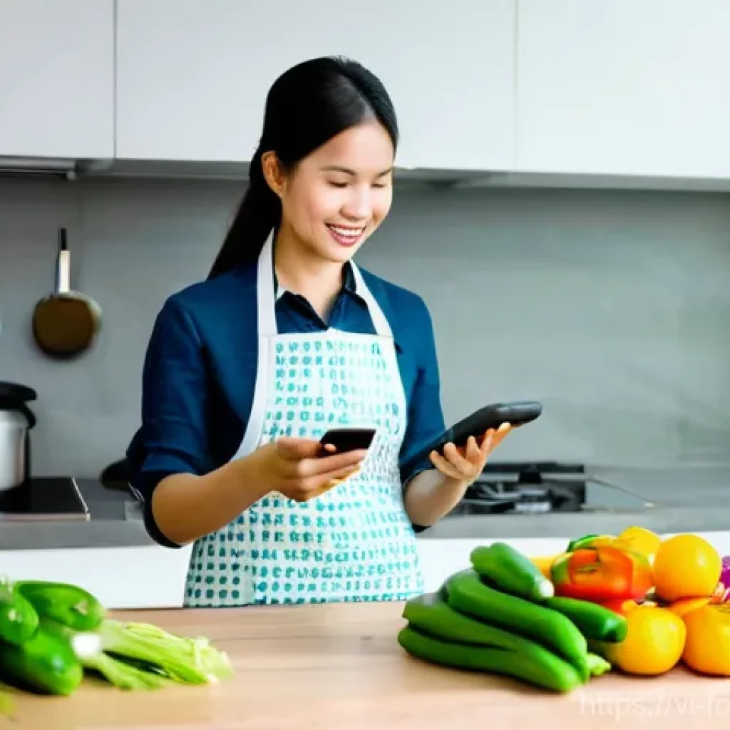 푸드테크와 소비자 신뢰 구축 전략 - **Prompt:** A vibrant and modern Vietnamese kitchen scene. A cheerful young Vietnamese mother, weari...