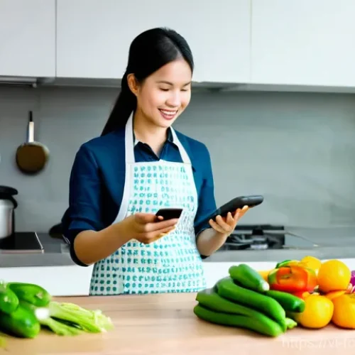 Home 27 푸드테크와 소비자 신뢰 구축 전략 - **Prompt:** A vibrant and modern Vietnamese kitchen scene. A cheerful young Vietnamese mother, weari...