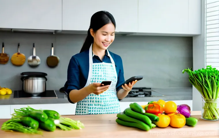 푸드테크와 소비자 신뢰 구축 전략 - **Prompt:** A vibrant and modern Vietnamese kitchen scene. A cheerful young Vietnamese mother, weari...