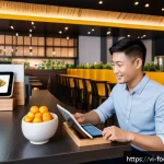 Home 19 푸드테크의 데이터 분석 기법 - A modern Vietnamese FoodTech restaurant interior featuring a diverse group of customers interacting ...