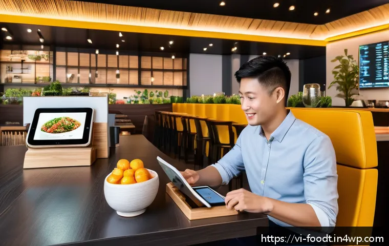 푸드테크의 데이터 분석 기법 - A modern Vietnamese FoodTech restaurant interior featuring a diverse group of customers interacting ...