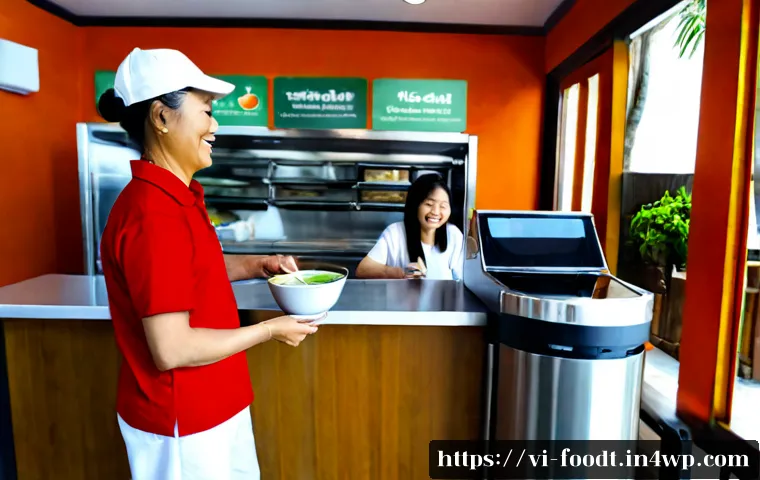 푸드테크와 고객 경험의 질 향상 - Photorealistic modern Vietnamese fast-casual restaurant, a friendly older Vietnamese couple receivin...