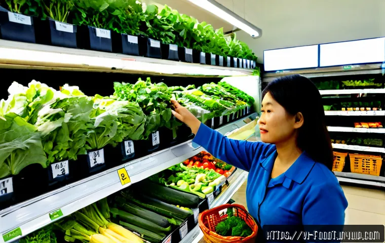 푸드테크 기술로 인한 식품 가격 변화 - Photorealistic Vietnamese supermarket produce section, a modern smart vertical farming display with ...